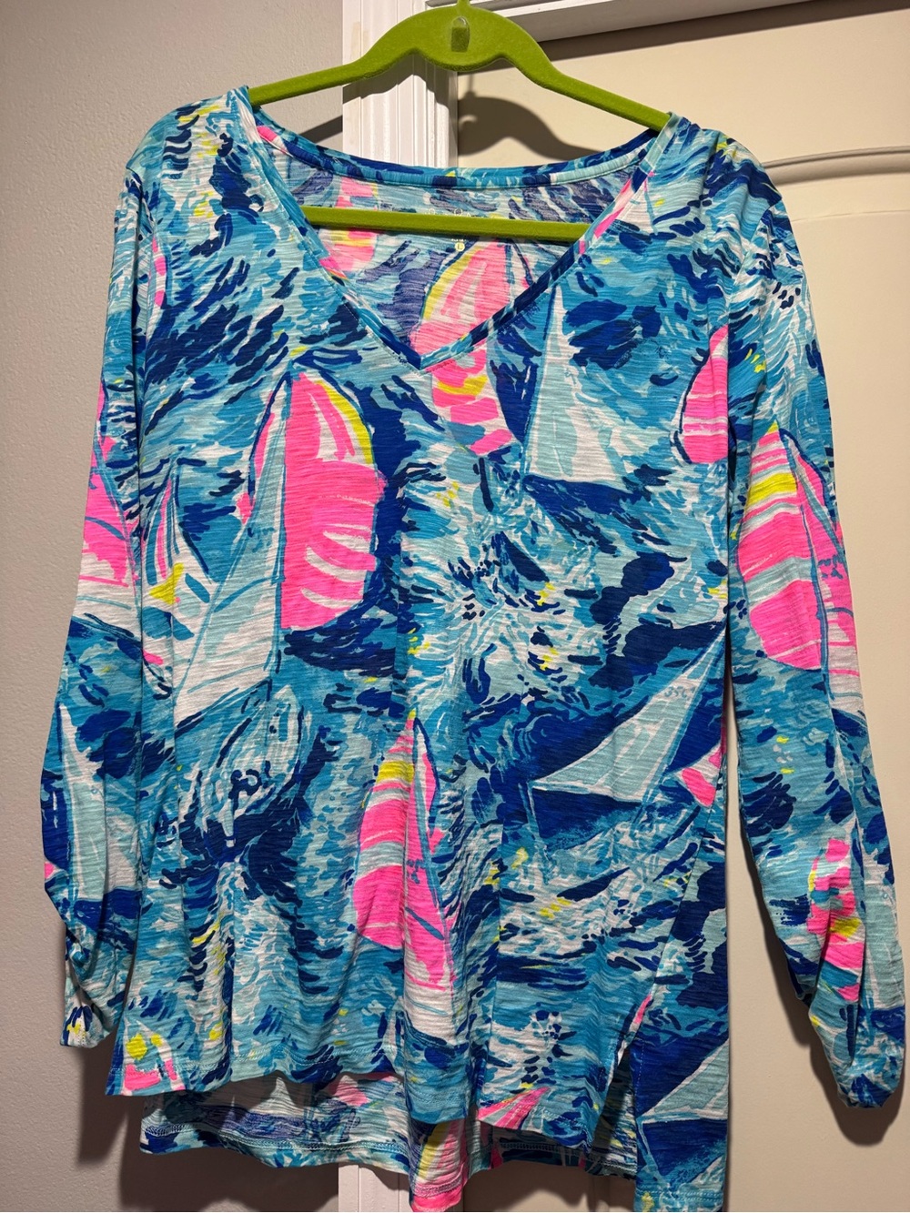 Lilly Pulitzer Blue & Pink Sailboat V-Neck Long Sleeve Top
